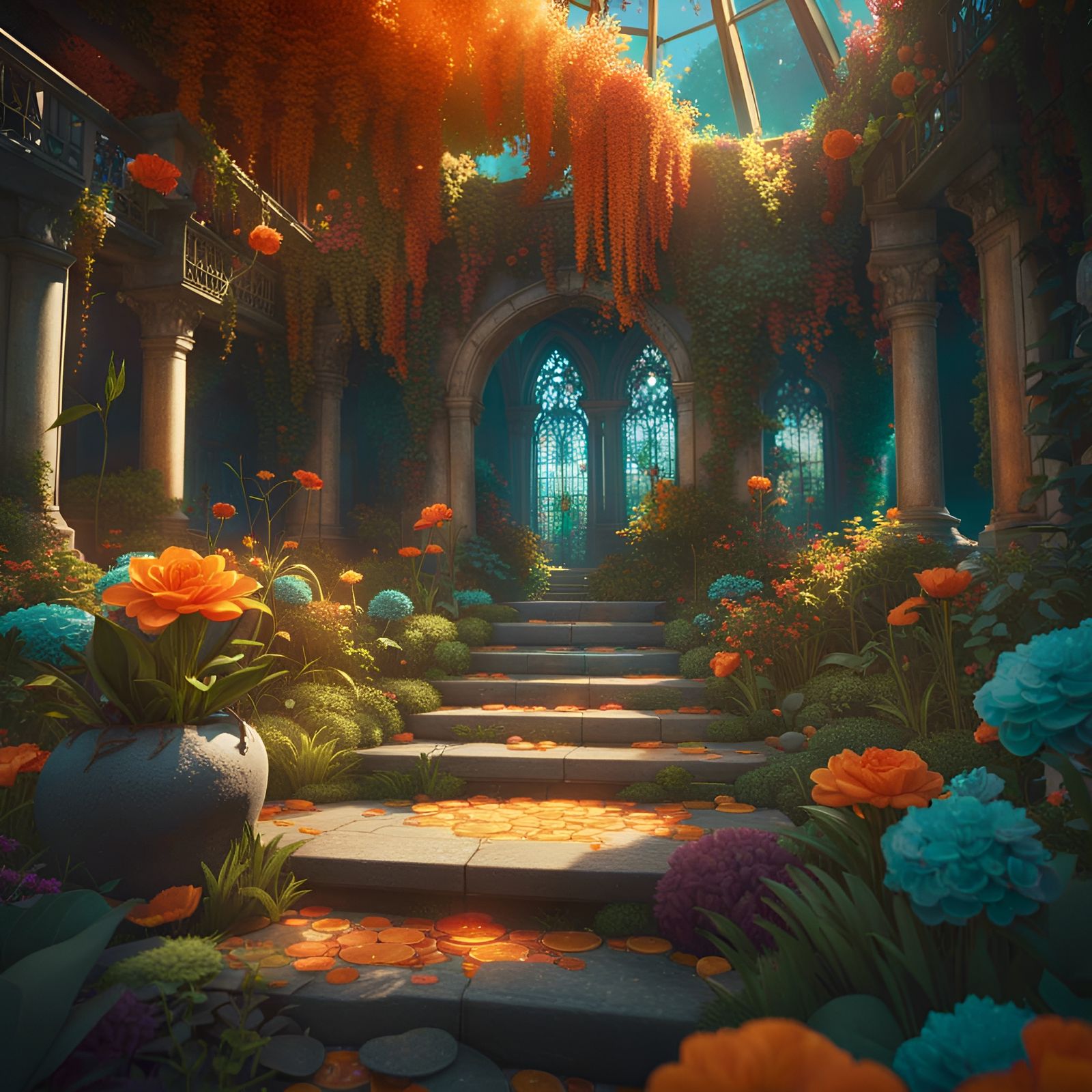 Hyperdetailed Secret Flower Garden, Art Nouveau Style