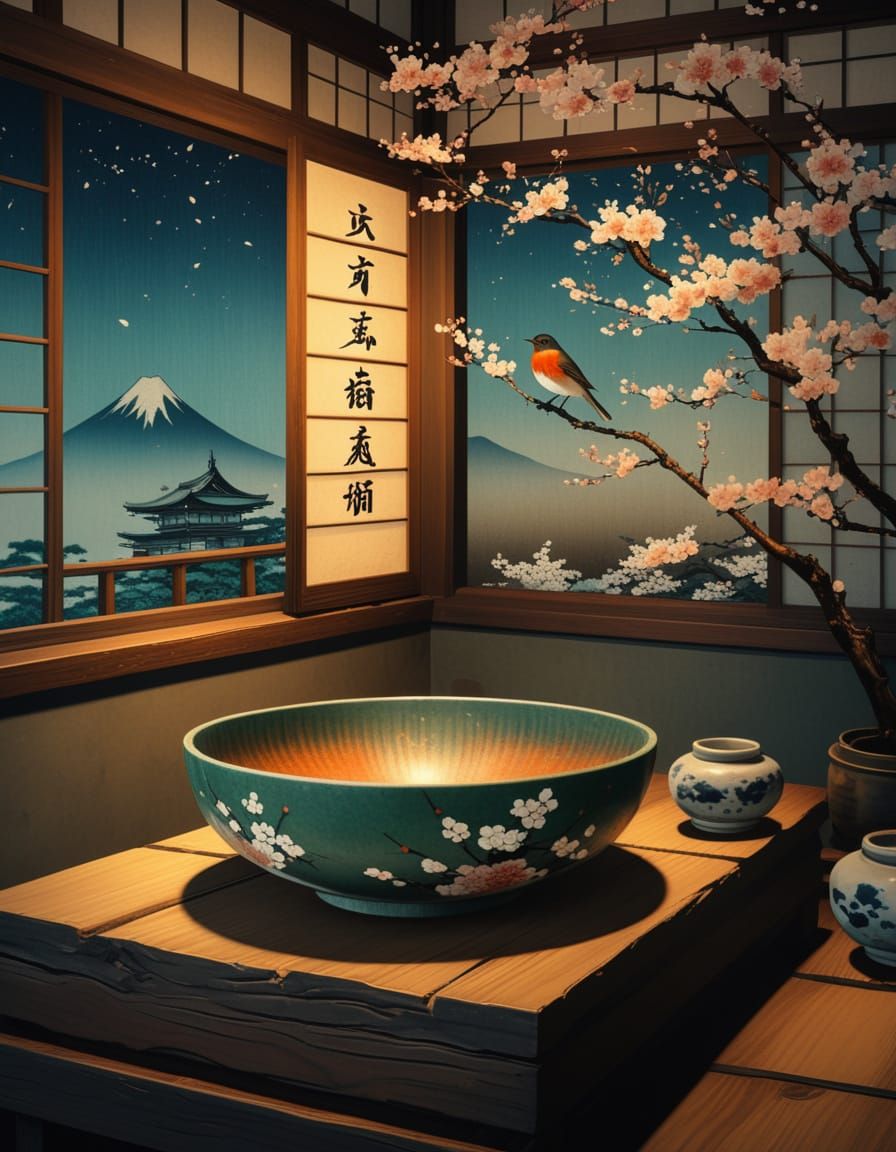 Robin by Cherry Blossoms in Ukiyo-e Style