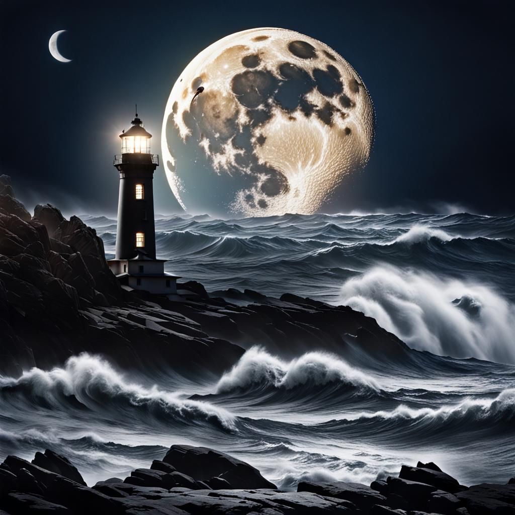 Silver Moon Lighthouse: Ultrarealistic Coastal Photograph