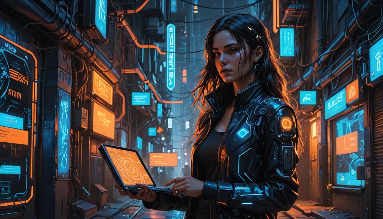 Cyberpunk Woman with Futuristic Portable Computer