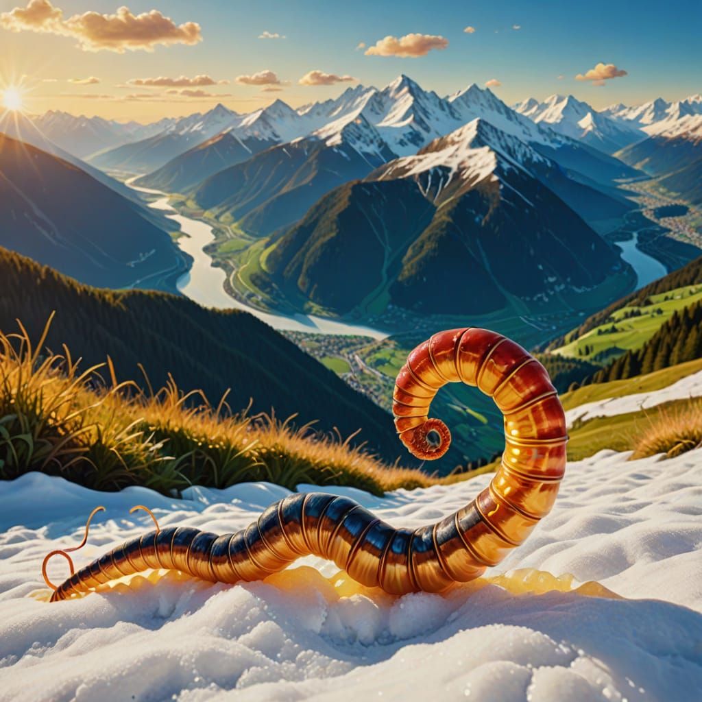 Surreal Six-Foot Worm in the Alps: Oil Painting