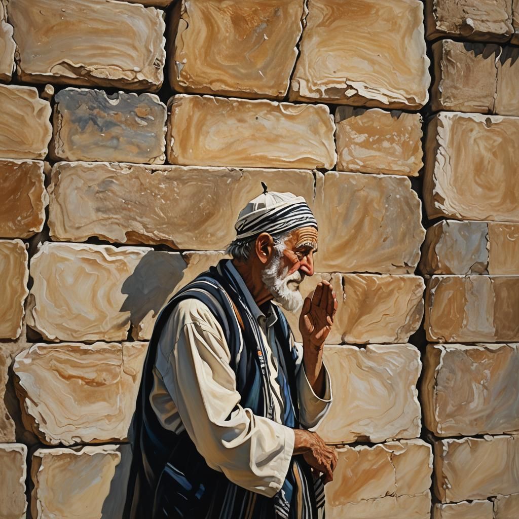 Praying Man at Western Wall: Expressionist Painting