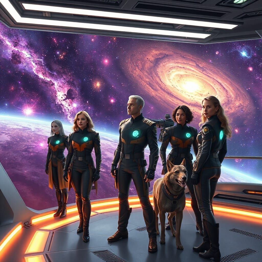 Starship Crew Gazing at Violet Nebulae: Sci-Fi Art