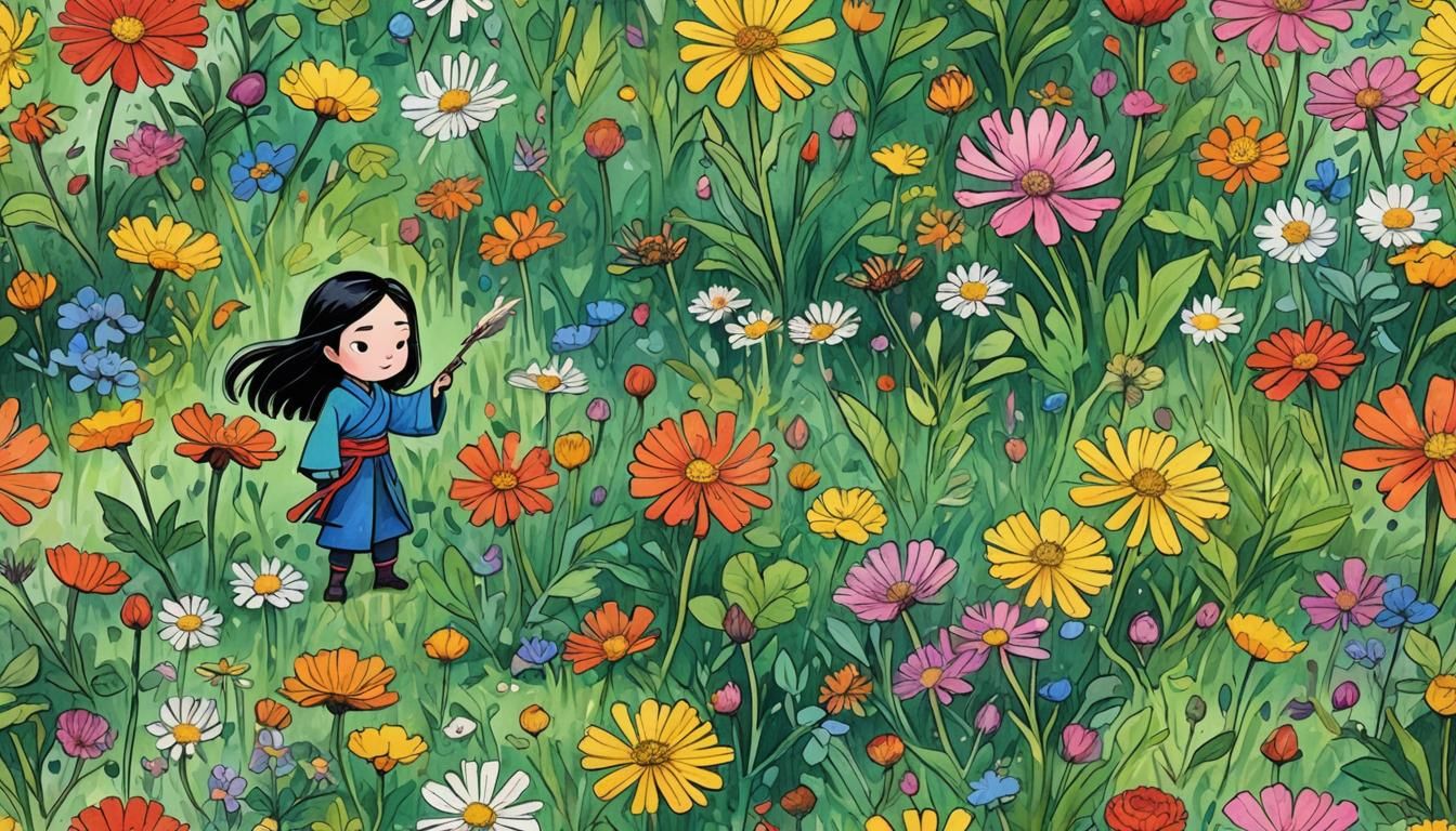 Mulan Chibi with Flowers in Rainbow Gouache Style