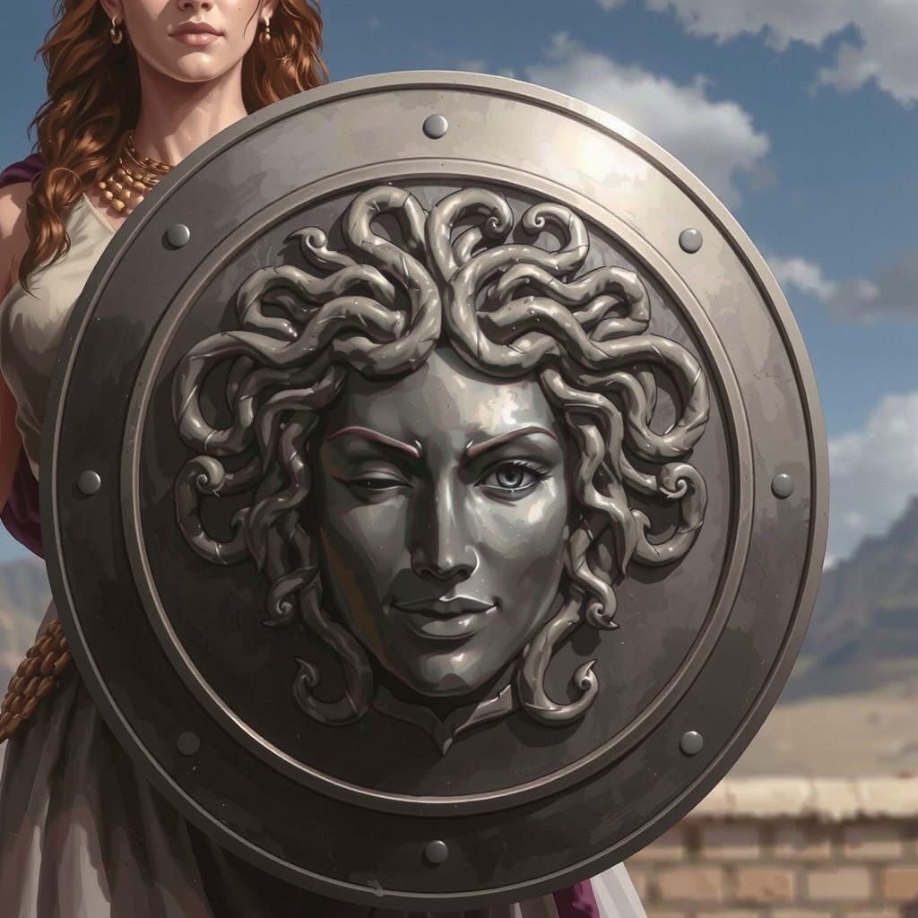 Greek Goddess Shield with Medusa Face in Watercolor Style