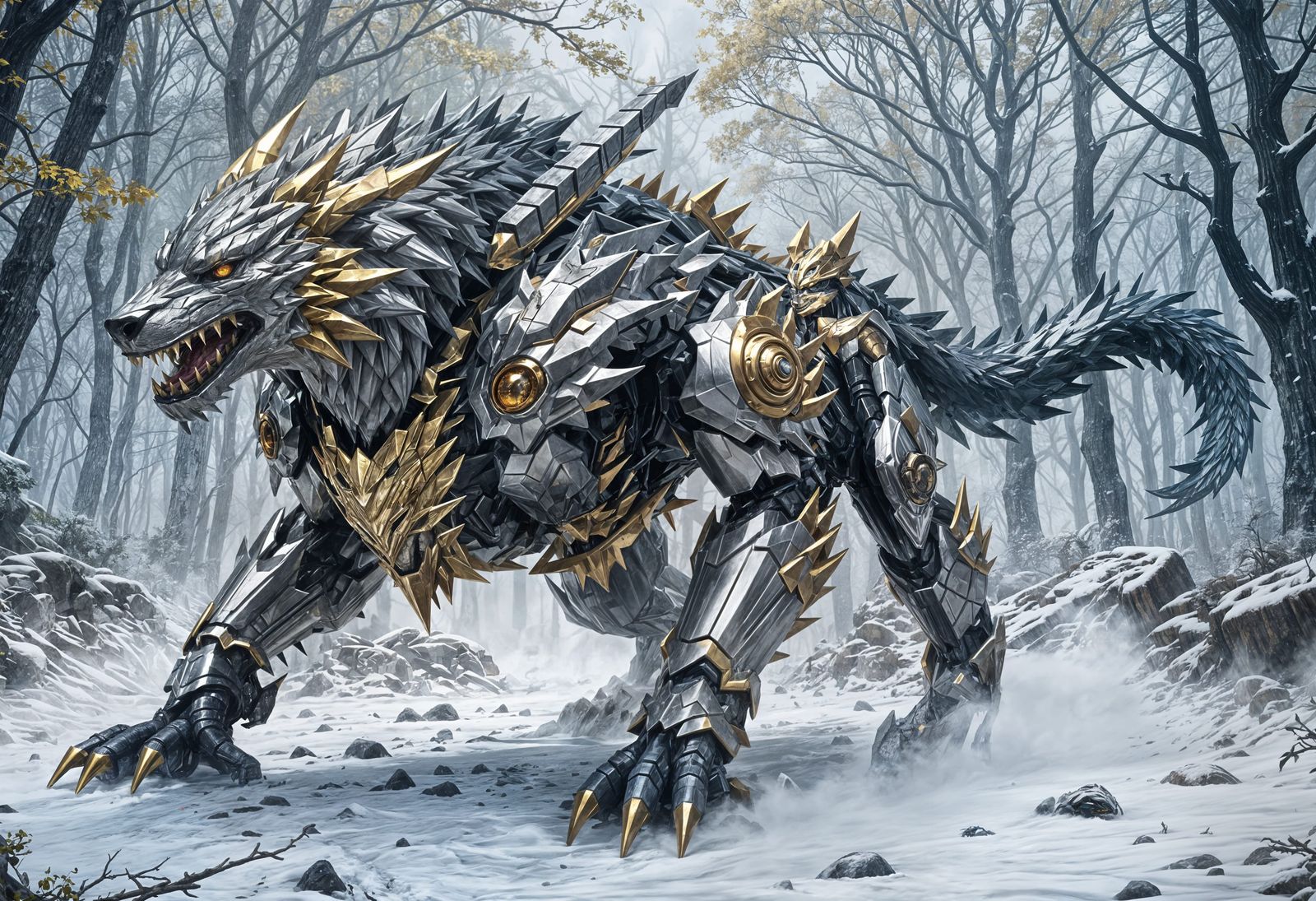Armored Wolf-Dragon Emerges from Mist: Anime Art