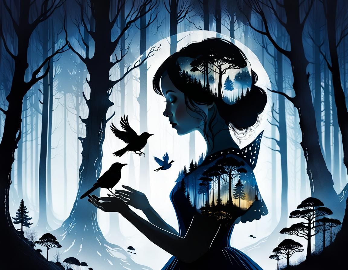 Snow White Silhouette in Double Exposure Forest