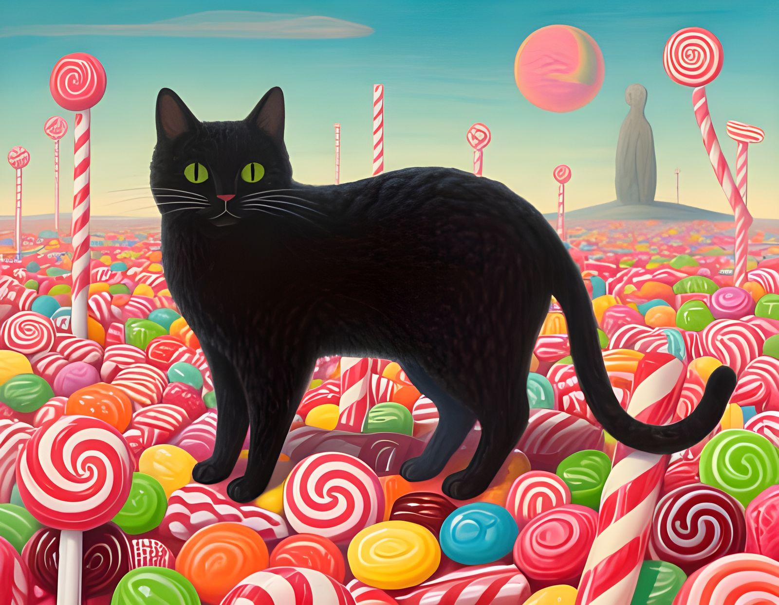 Abstract Surreal Cat Exploring a Candy World