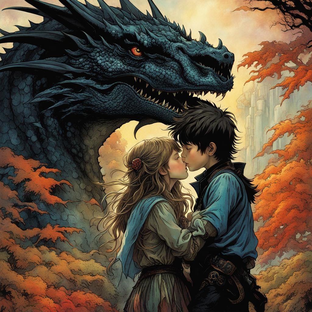 Anime Kiss Before Dragon in Arthur Rackham Style