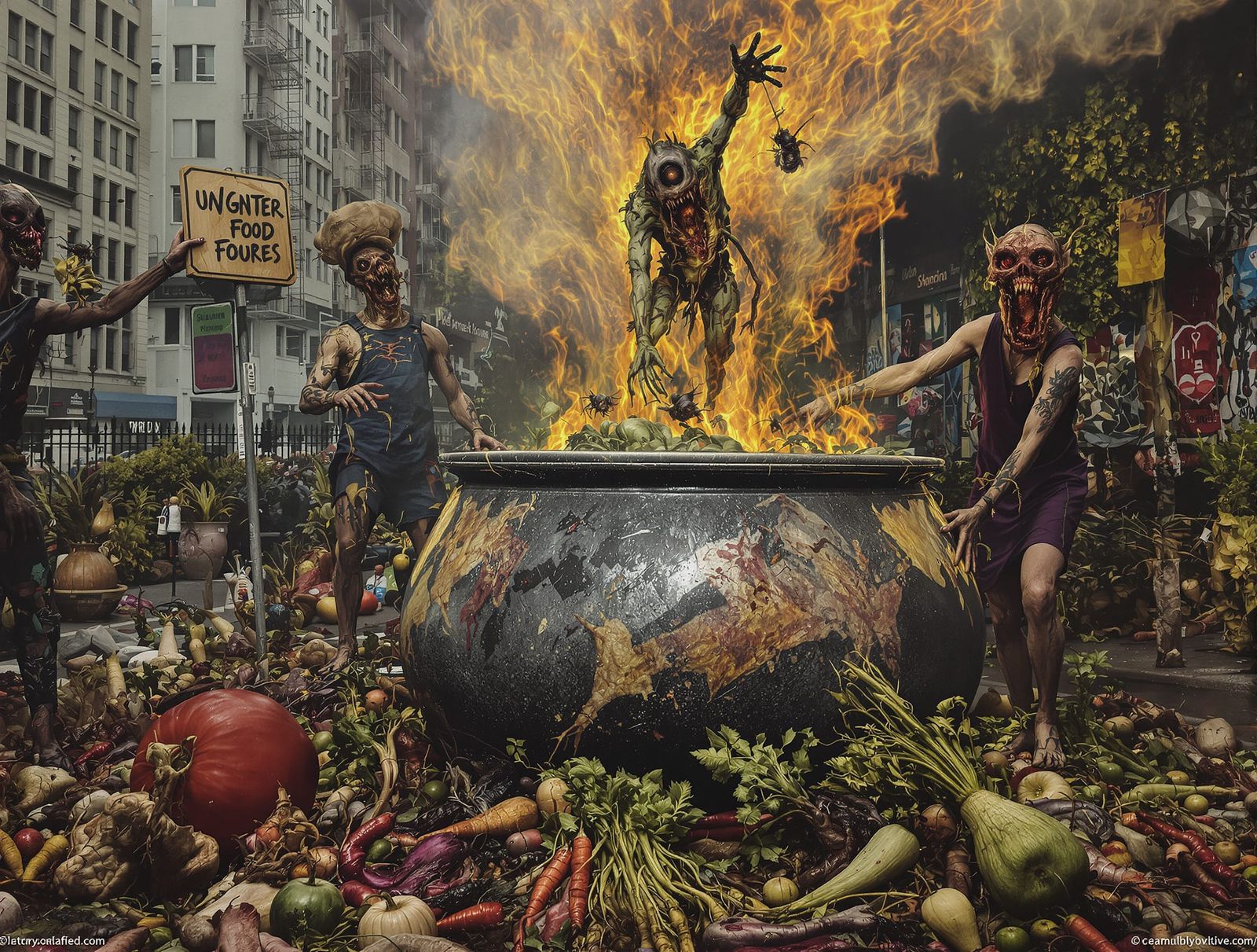 Surreal Humanoids Toss Food Into Cauldron