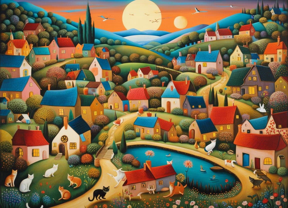 Whimsical Village with Two Moons, in Renaissance Style