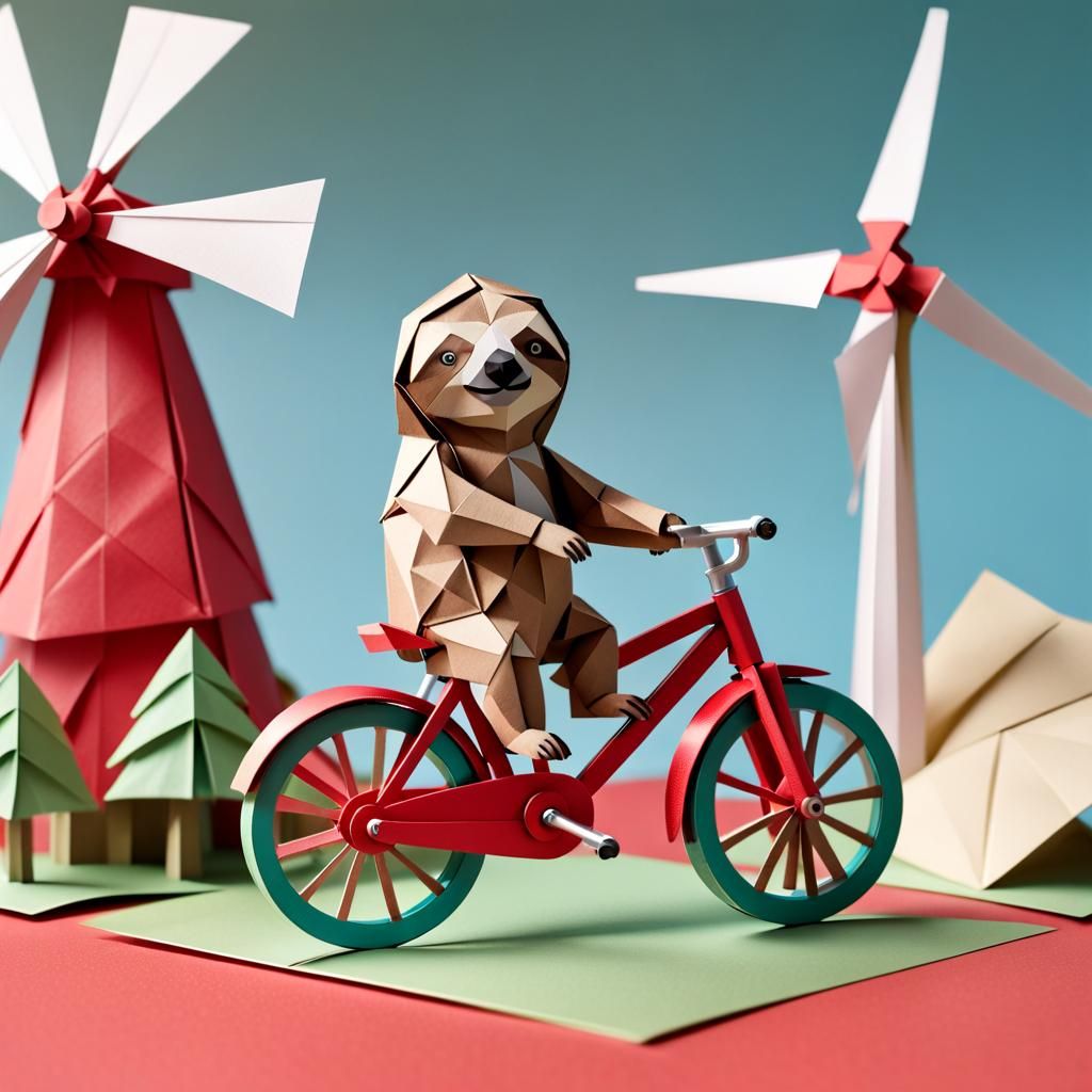 Sloth Rides Bicycle with Windmill: Origami Papercraft