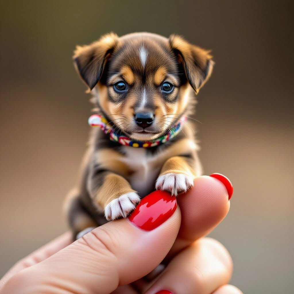 Tiny Dog on Finger with Bow Tie, Photorealistic Style
