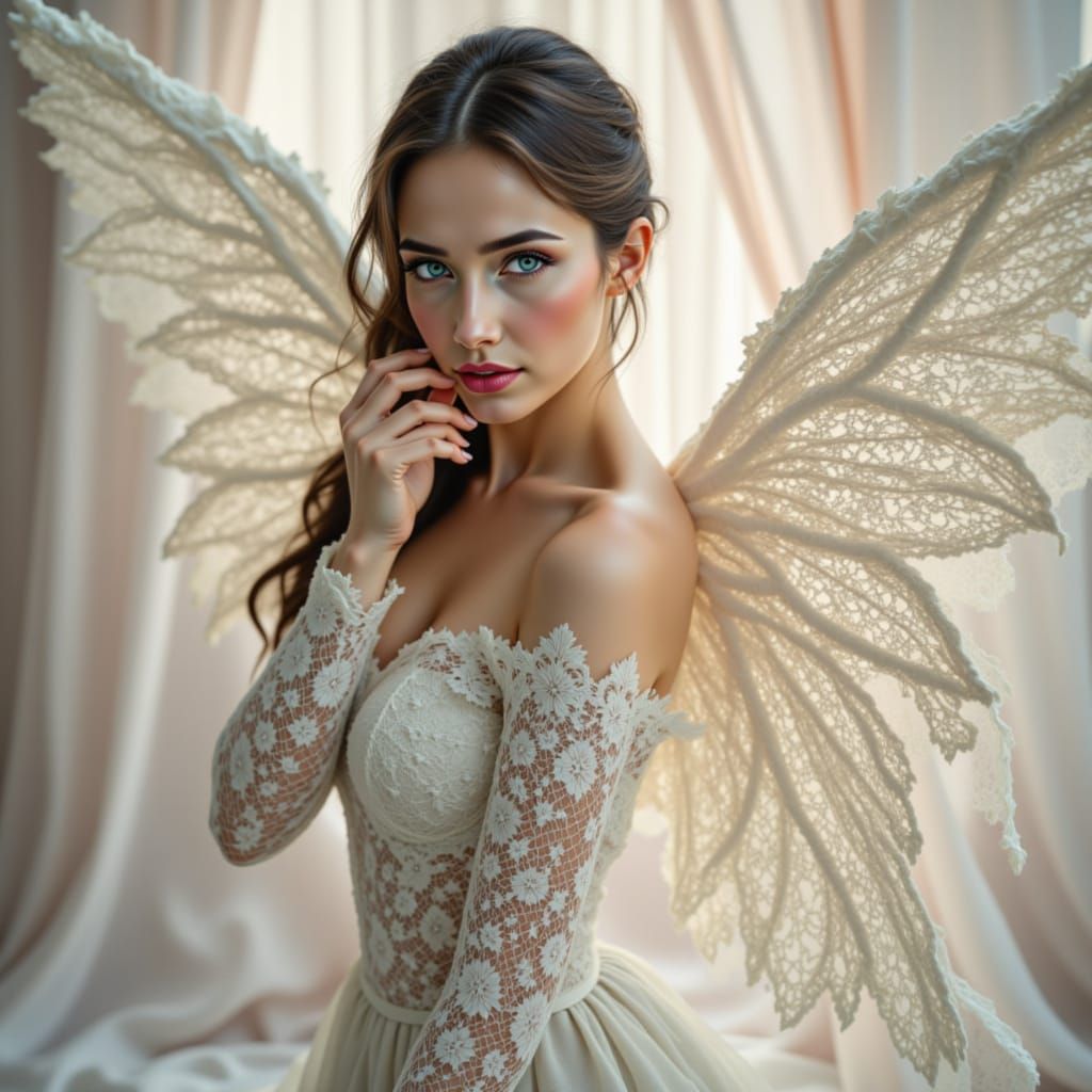Maiden in Wool Lace Gown with Angel Wings