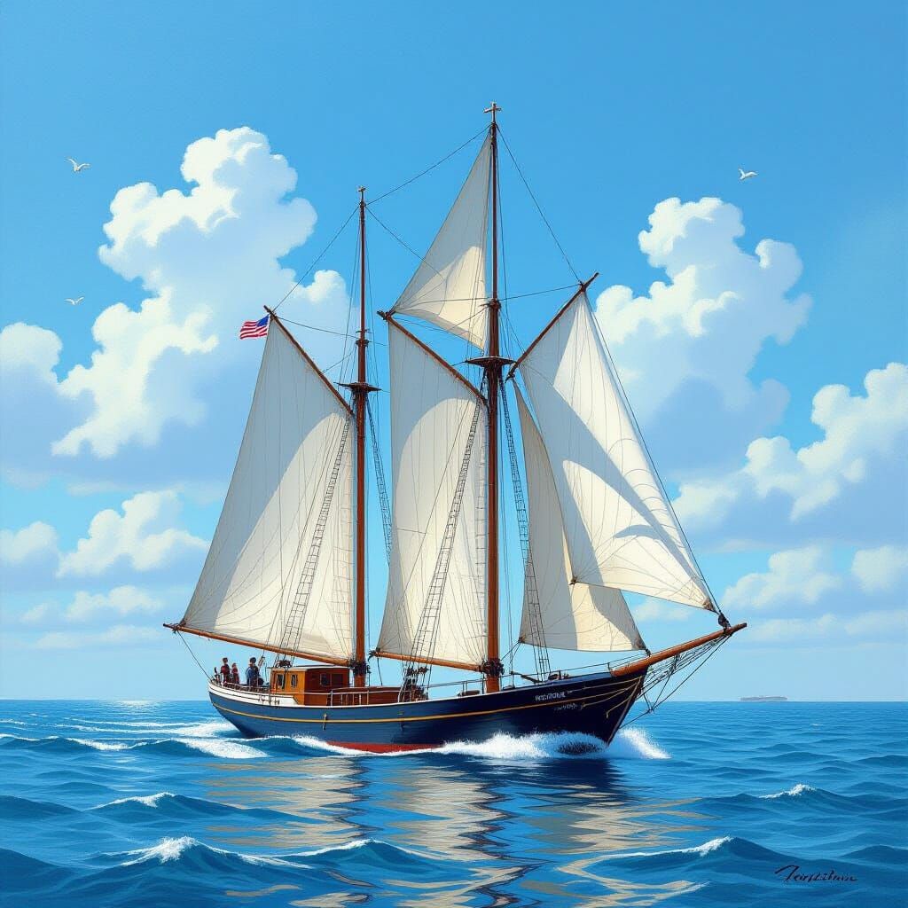 Coastal Schooner Sailing on Gulf in Maritime Art Style