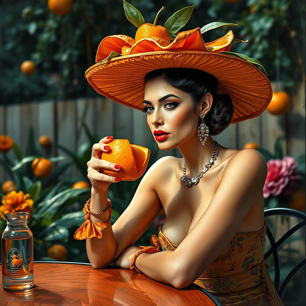 High fashion model in a fruitalism hat