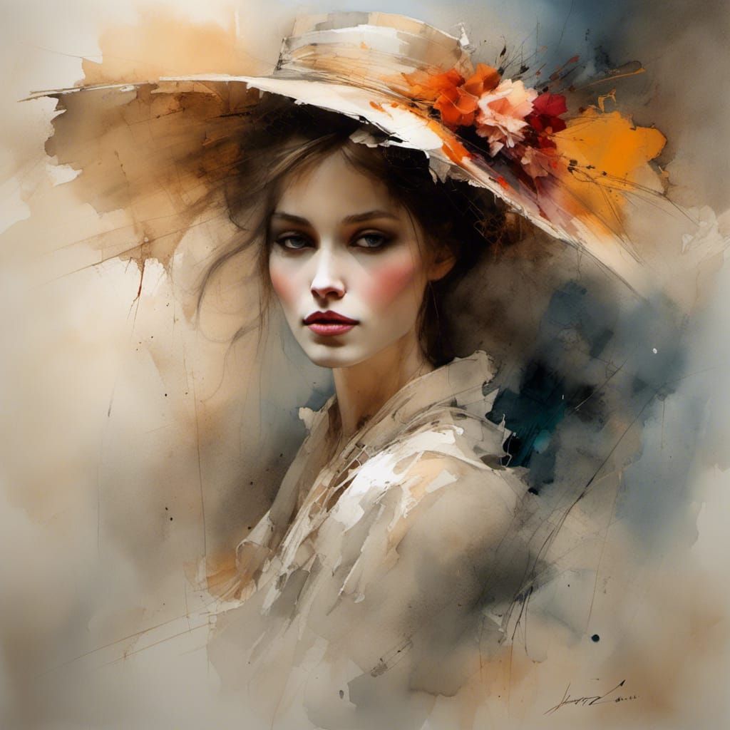 Woman with Lace Umbrella in Watercolor Style