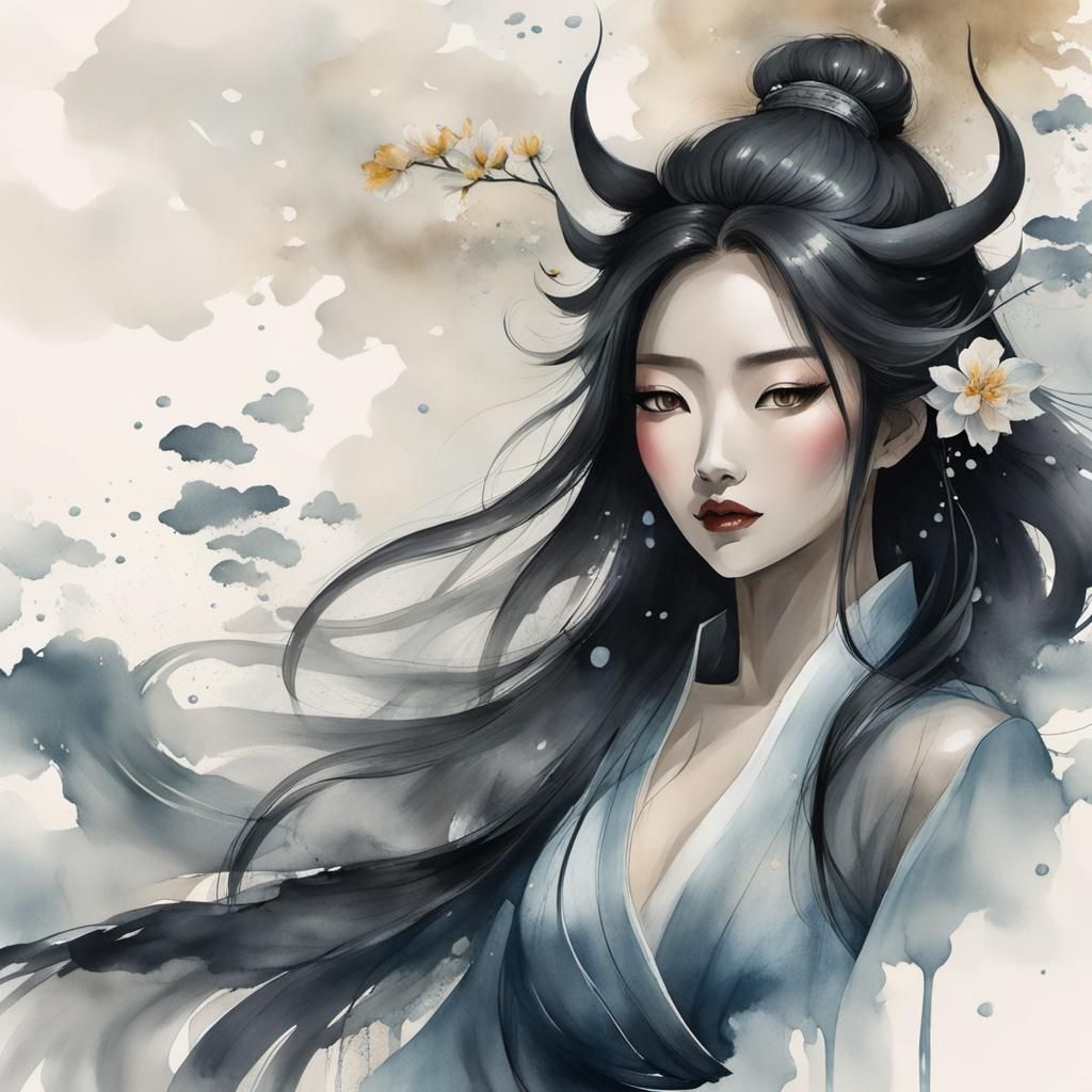 Water Demon Girl in Chinese Ink Painting Style