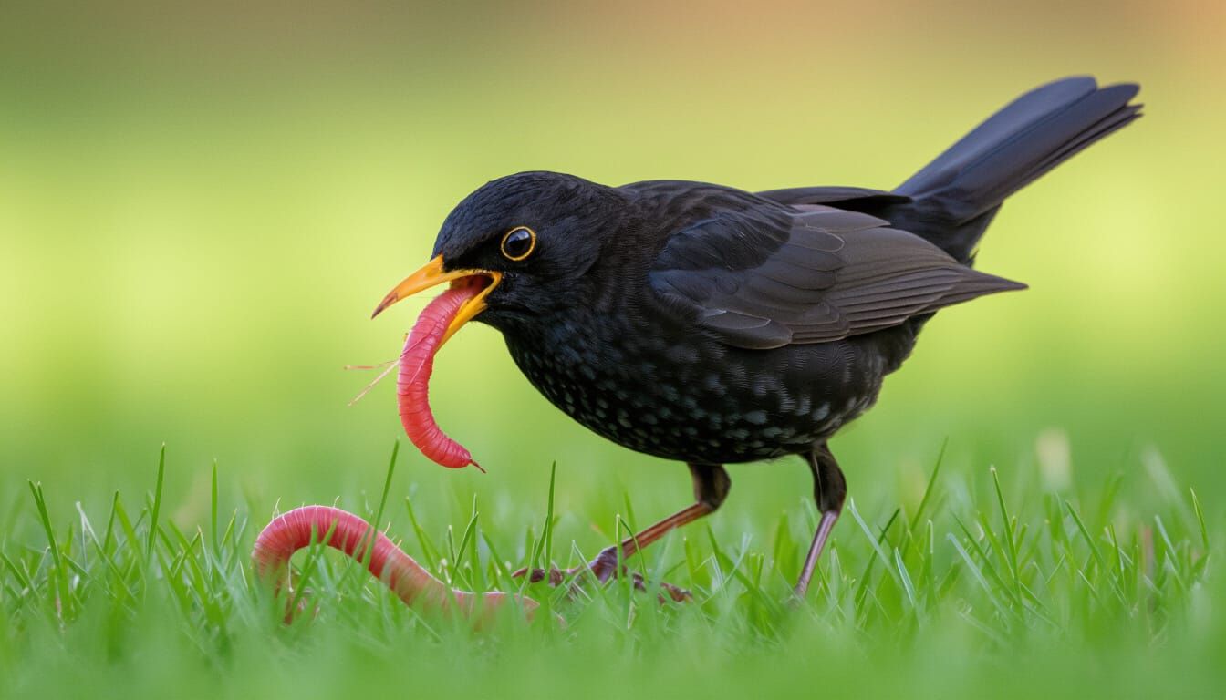 closeup of a young blackbird eating an earthworm