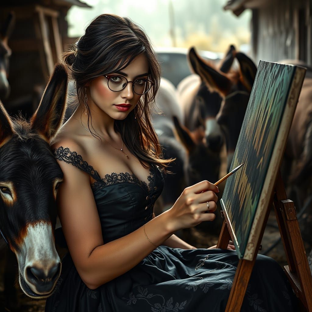 Gothic Beauty Paints Amidst Rustic Donkeys