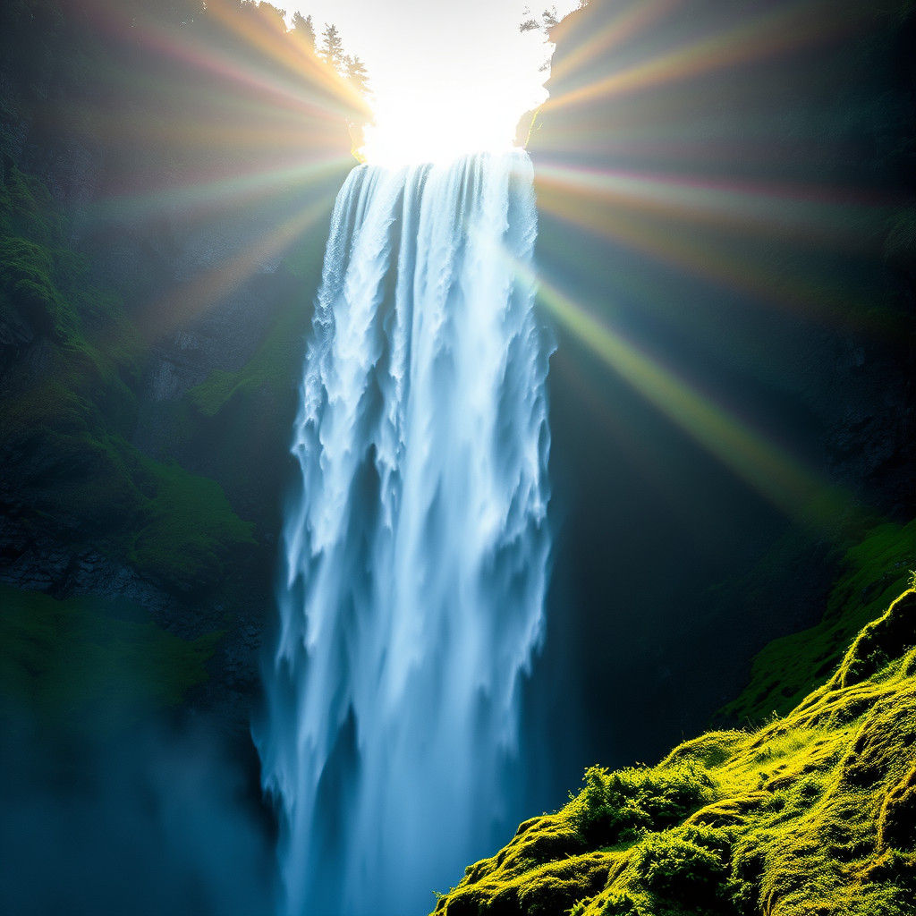 Breathtaking Waterfall Scene with Sunlight and Rainbow