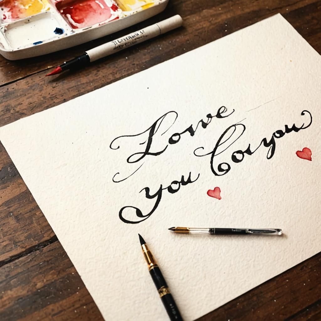 Watercolour Calligraphy 'I Love You' Note on Scroll