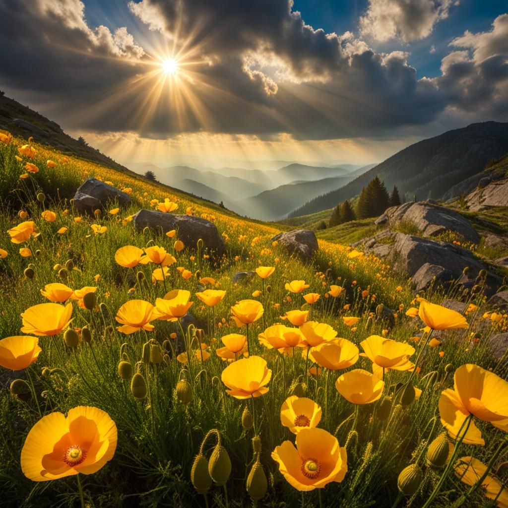 Mountain Meadow of Yellow Poppies in Sunshine