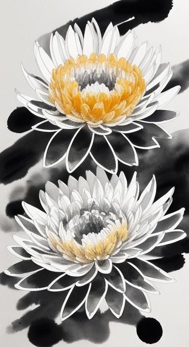 Minimalist Watercolor Chrysanthemums in Chinese Ink Style