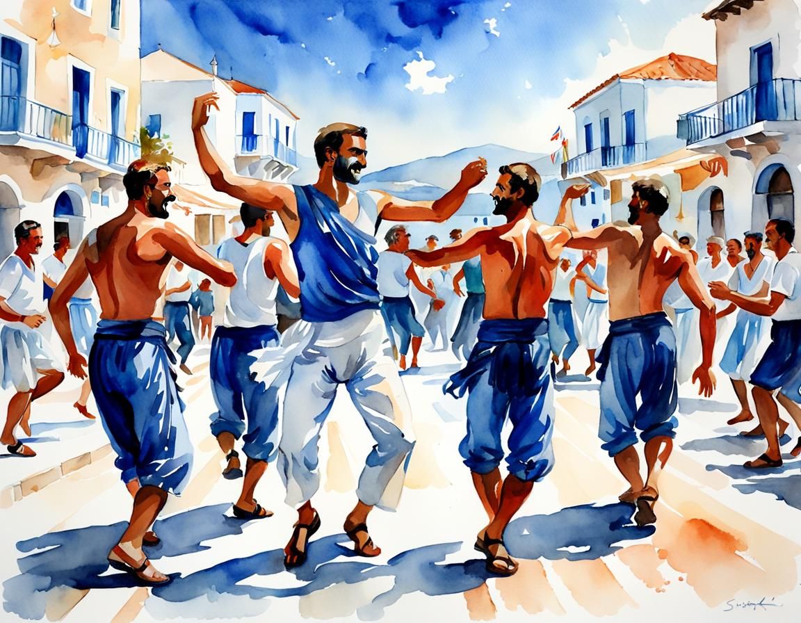 Group of man dancing sirtaki, in a greek town