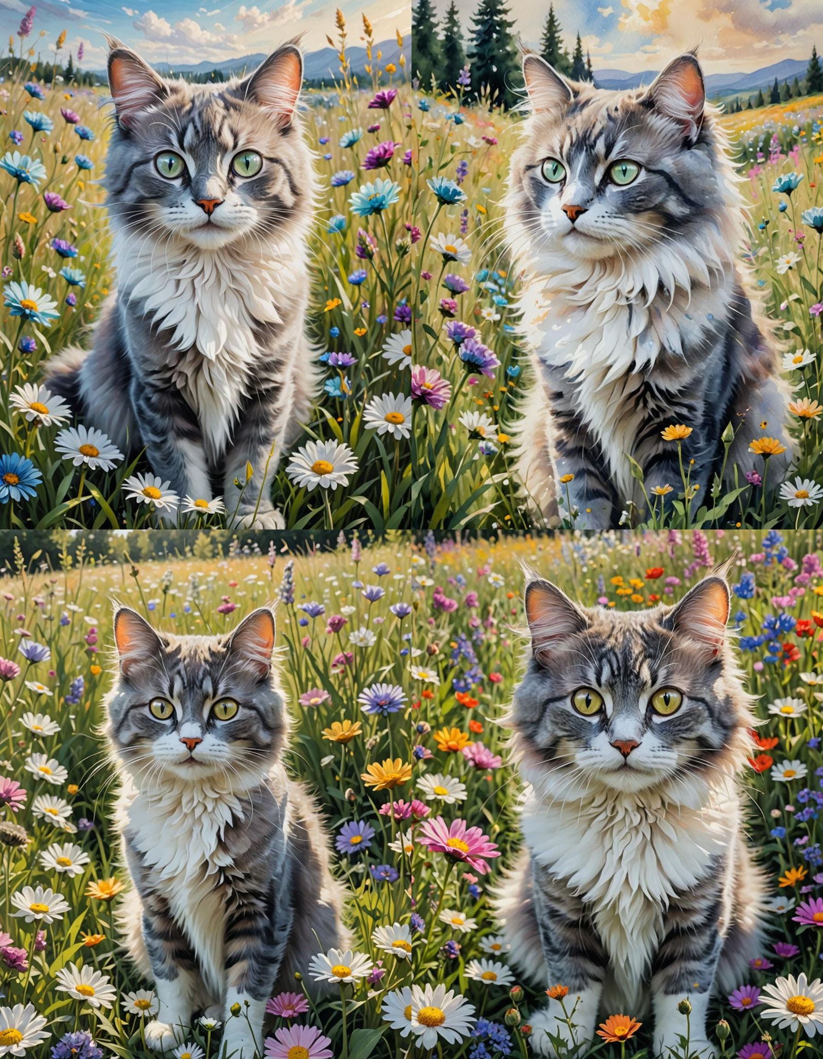 Cat Playing in Flower Meadow in Painterly Style