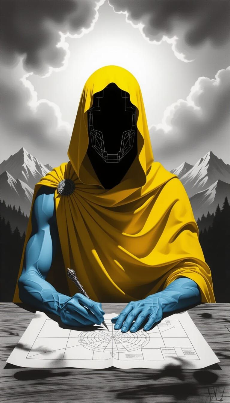 Charcoal Figure in Yellow Robe with Geometric Head