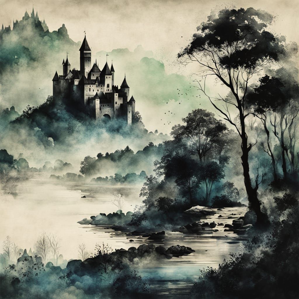 Vintage Castle in Modern European Ink Painting Style