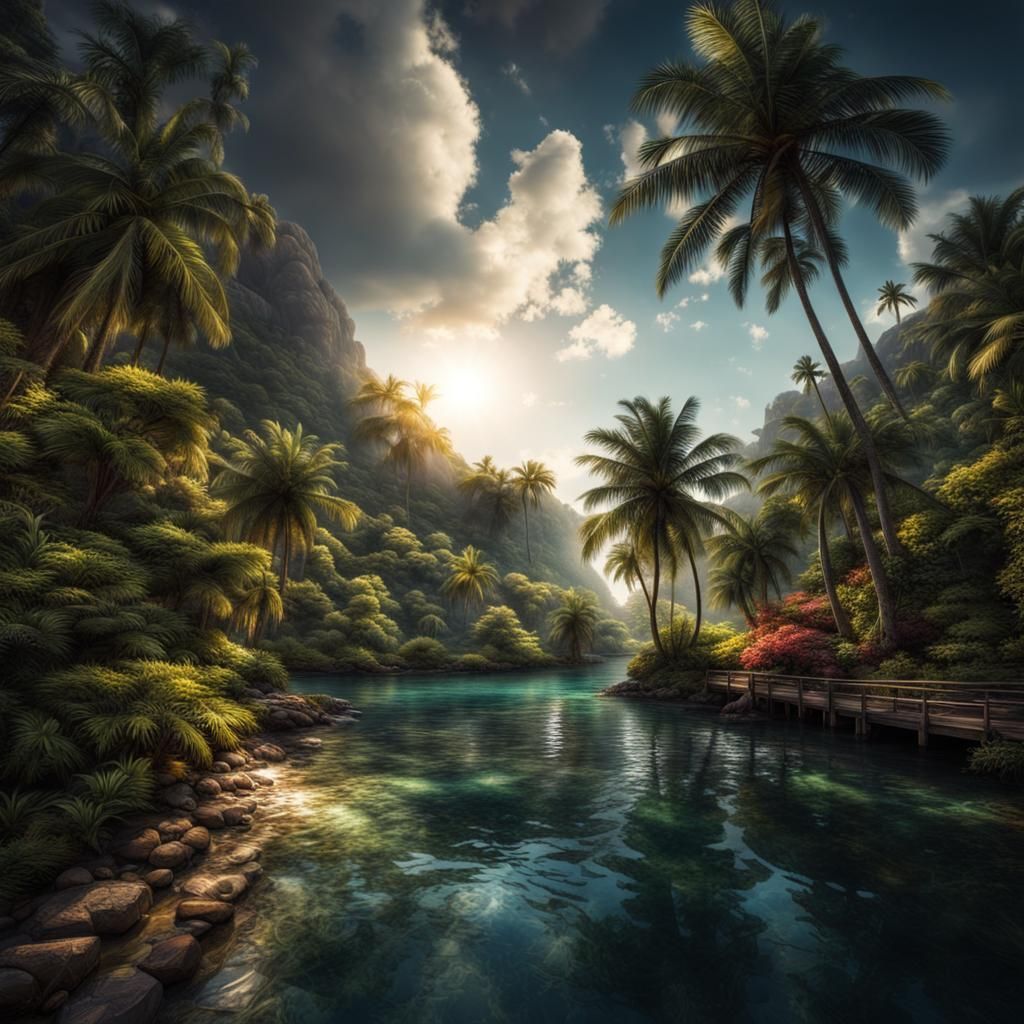 Hyperrealistic Paradise Bathed in Sunshine