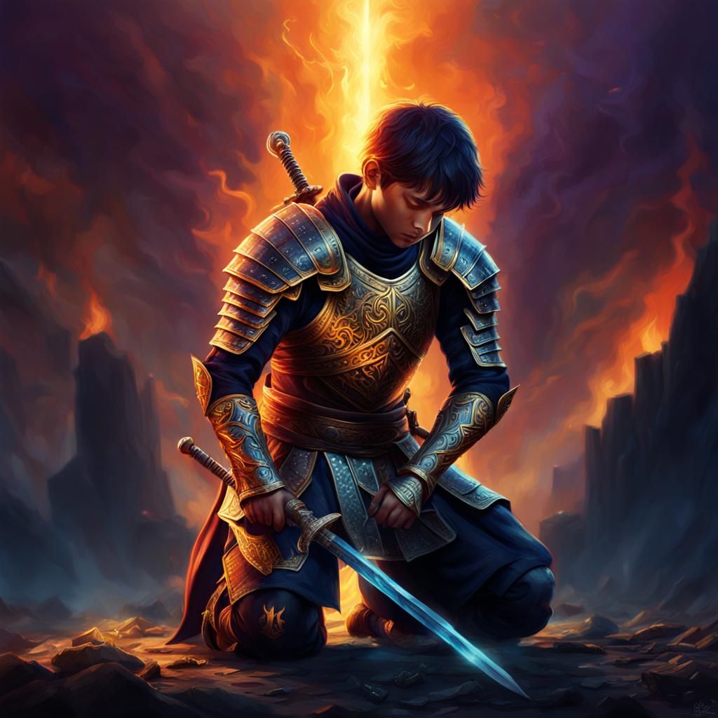 Fantasy Boy Kneeling in Fiery Battlefield