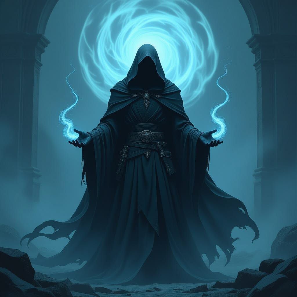 Warlock's Pact with Shadowy Figure in Eerie Atmosphere