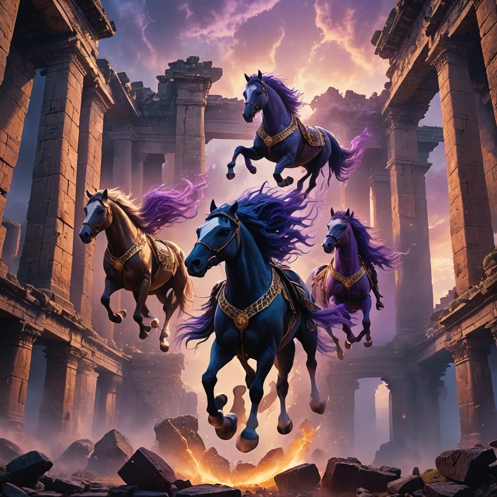 Majestic Horses Leaping Over Ancient Ruins at Dusk