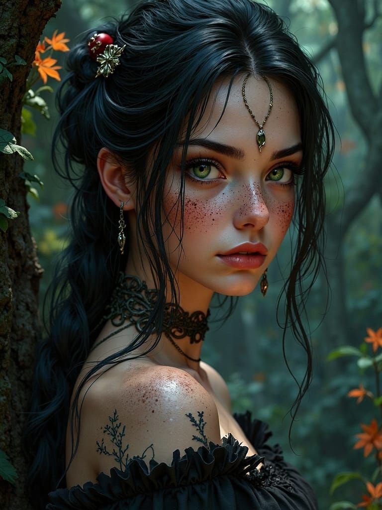 Dark Enchantress in Rich Fantasy Backdrop