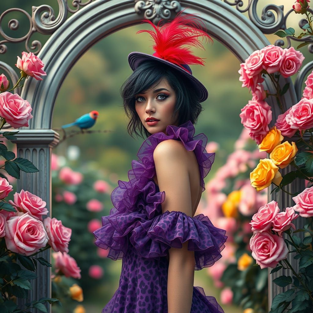 A Stunning woman with messy short dark hair, blue eyes, blue eye makeup, wearing purple leopard print ruffled dress, mat...