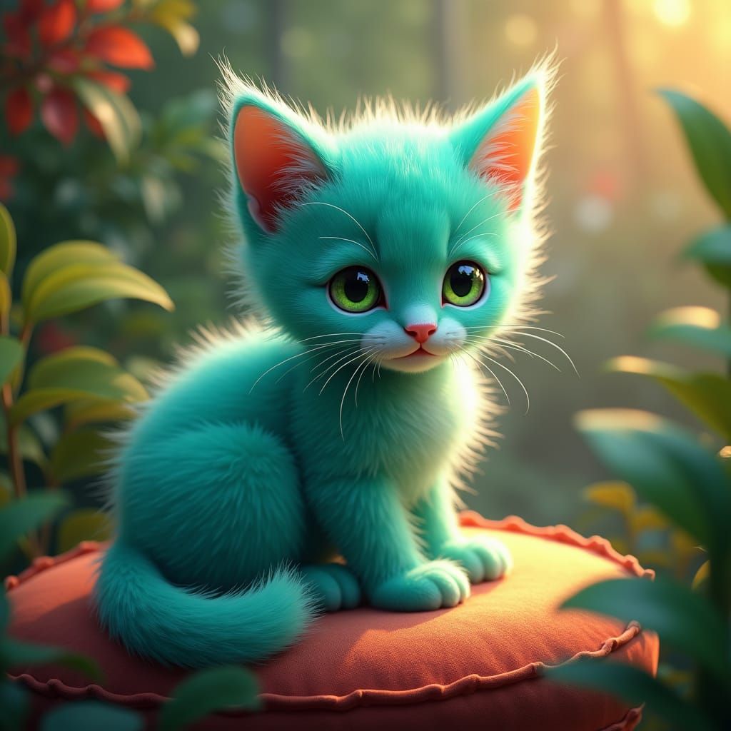 Turquoise Kitten in Fantasy Realm: Digital Art