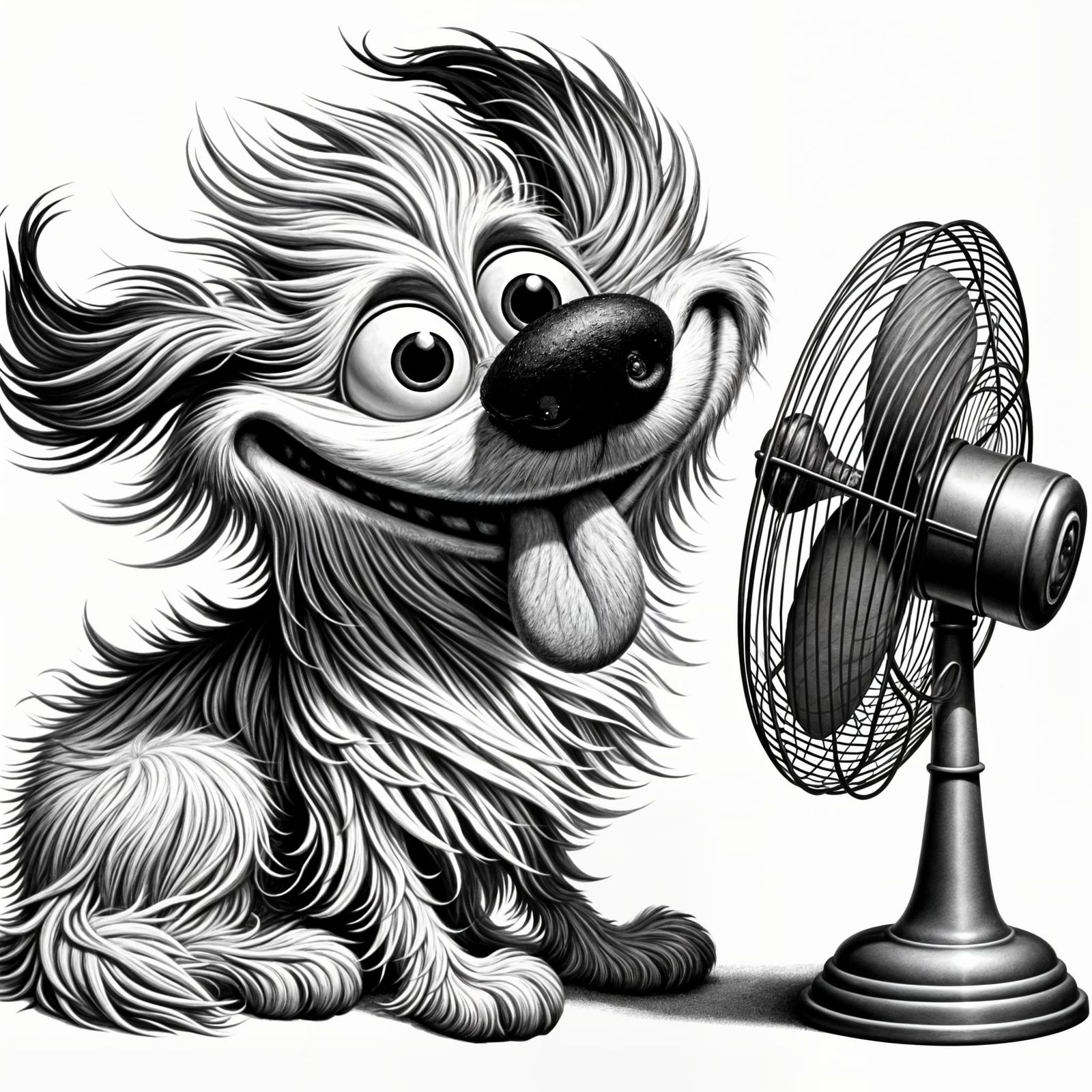 Whimsical Dog Enjoying Fan Breeze, Airbrushed Oil Painting S...