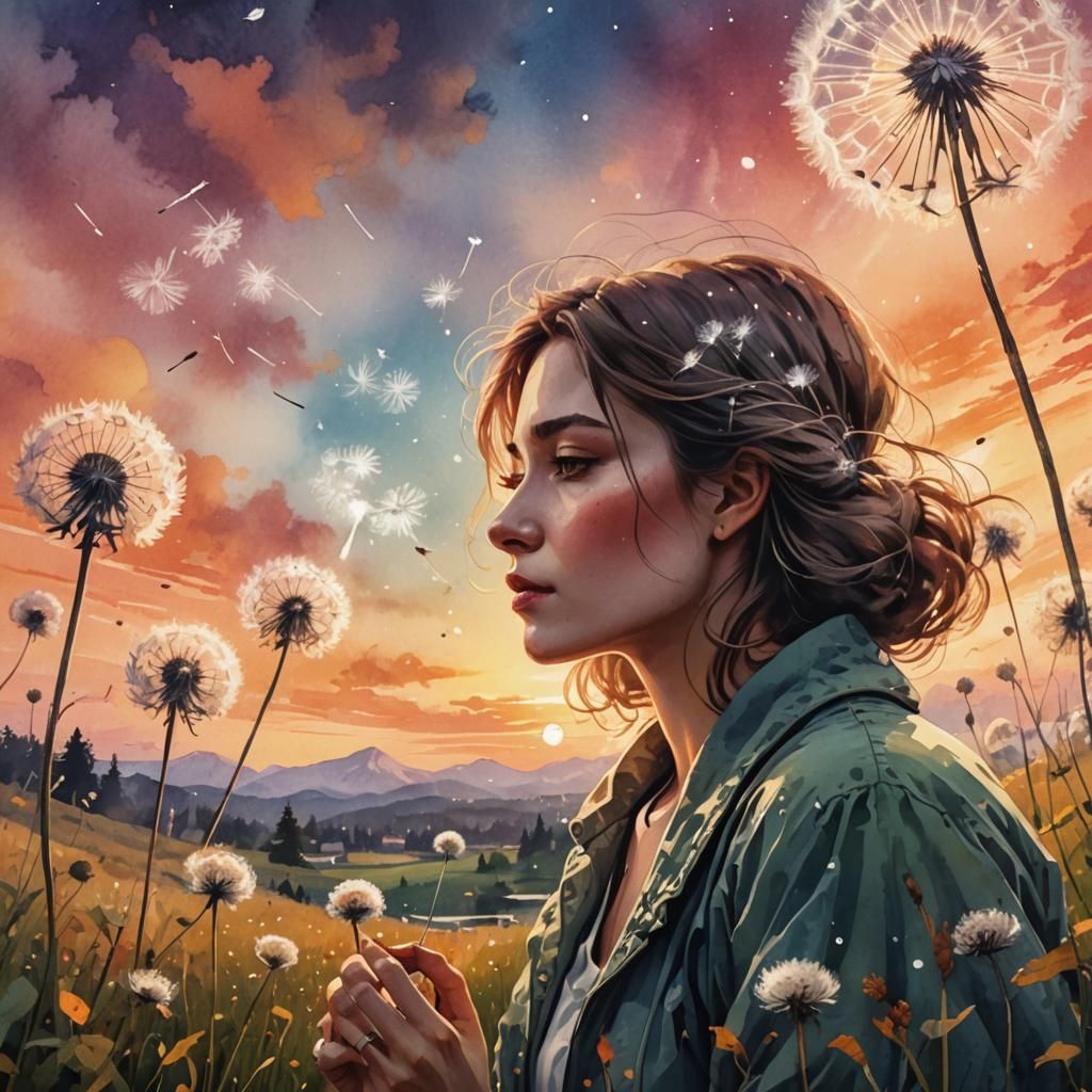 Woman and Dandelion Clock at Sunset
