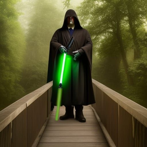 Hyperrealistic Jedi Knight on Bridge with Lightsaber