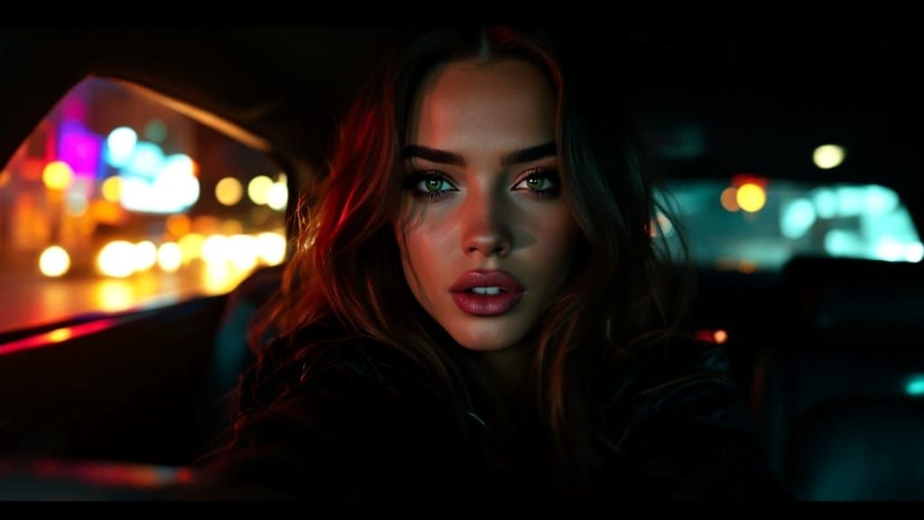 Confident Woman in Luxury Limousine at Night