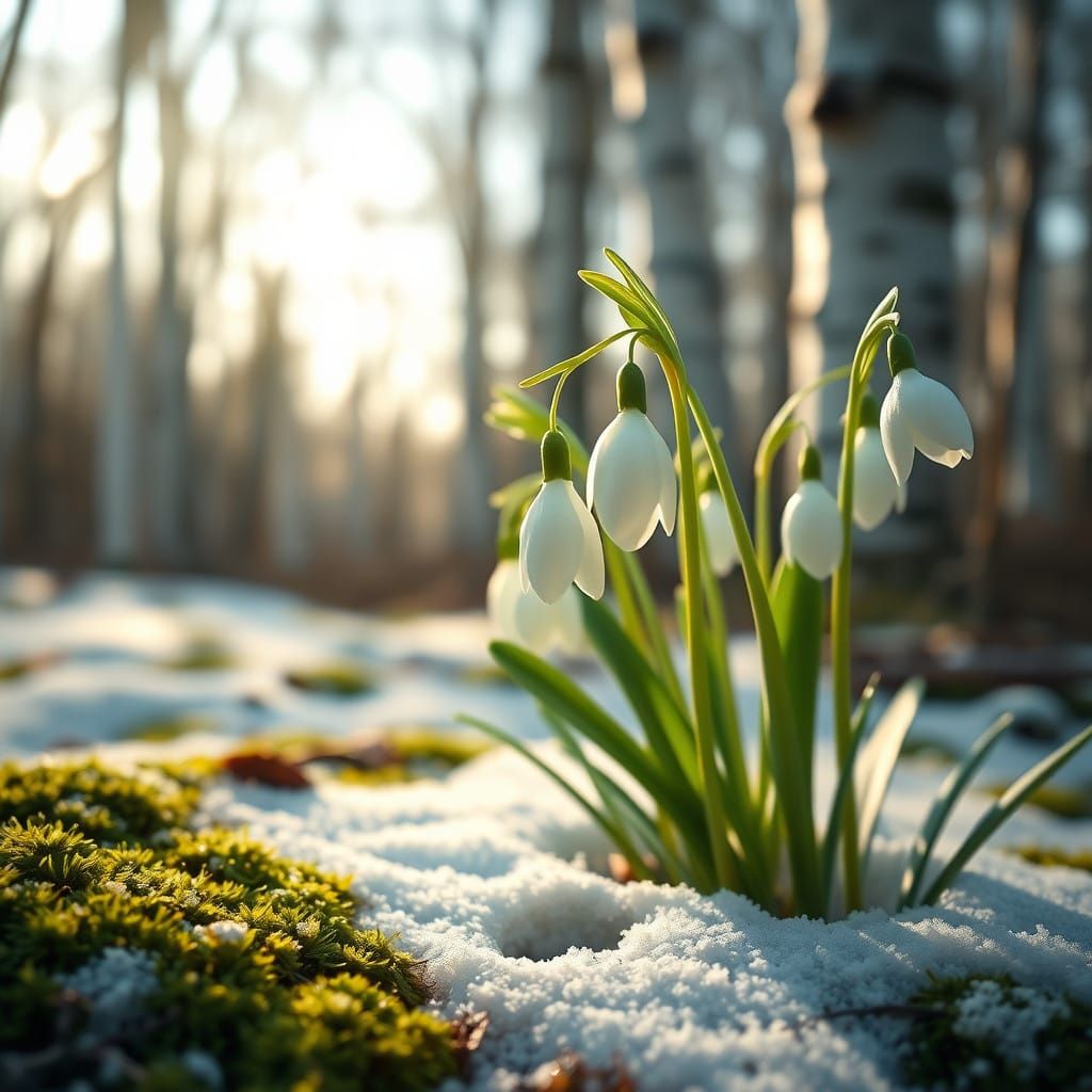 Delicate Snowdrop Blooms in a Serene Spring Forest