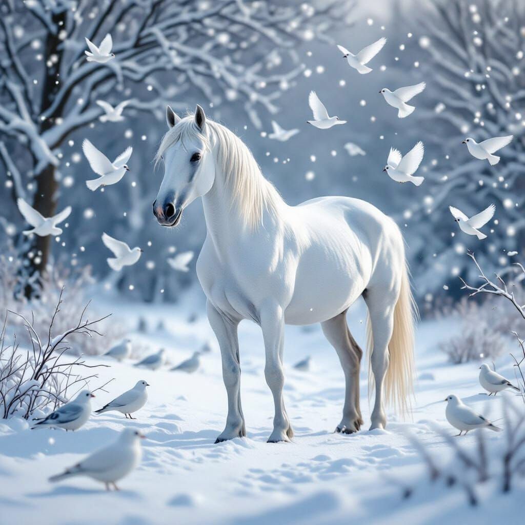 Majestic White Horse in Ethereal Winter Wonderland