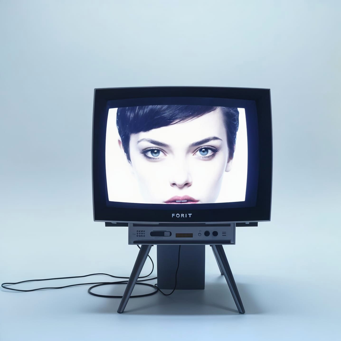 Enigmatic Woman in Retro-Futuristic Television Setting