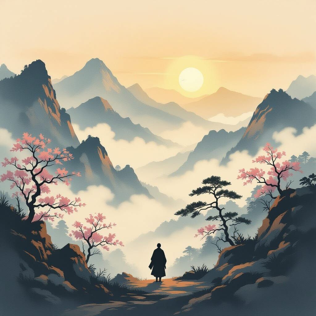 Mist-Shrouded Mountain Pass at Dawn in Ukiyo-e Style