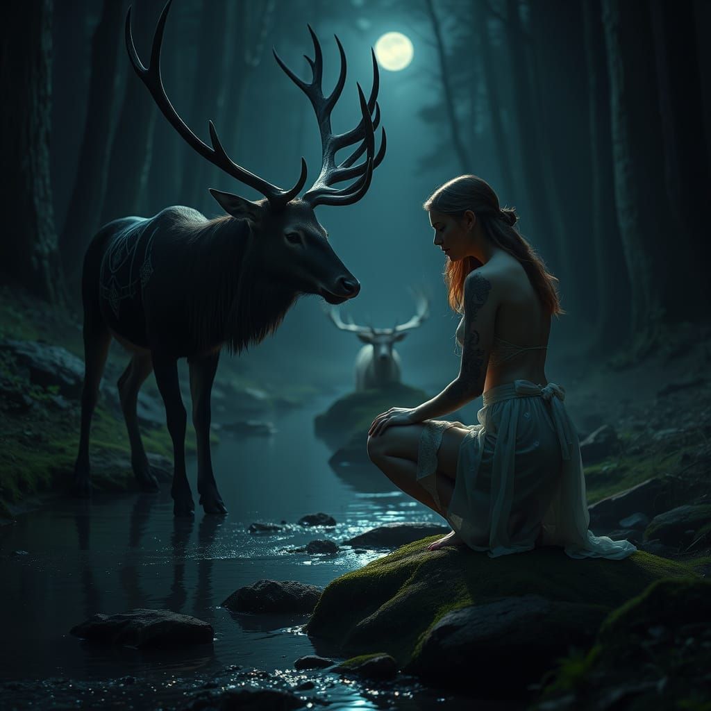Slavic Woman and Stag in Moonlit Forest