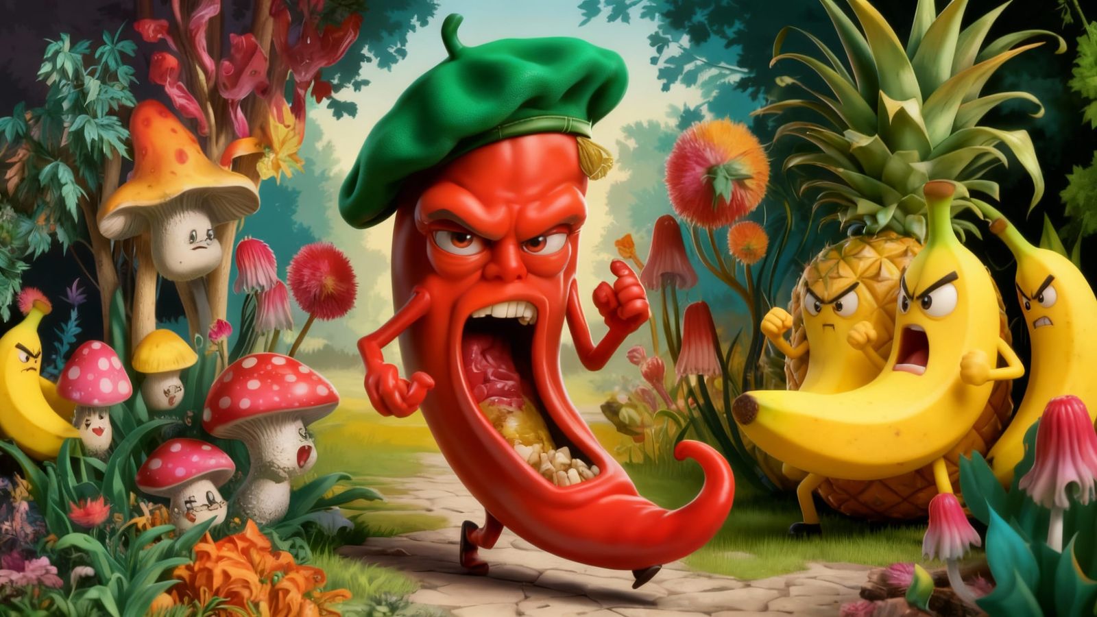 Angry Chili Pepper in Comic Book Garden