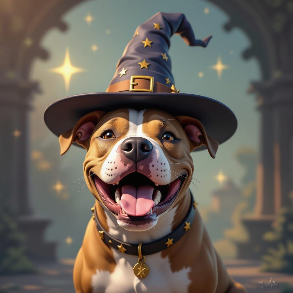 Surreal Cubist Pitbull Sculpture with Witch Hat